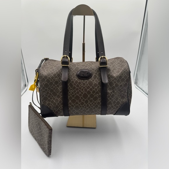 NINA RICCI Brown Coated Canvas Boston Bag, Removable Pouch, Lock n 2 Keys, Charm - Picture 1 of 17